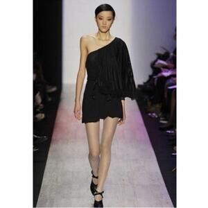 Bcbgmaxazria Runway Mini Black  Satin Dress One Shoulder Bell Sleeve Size 10
